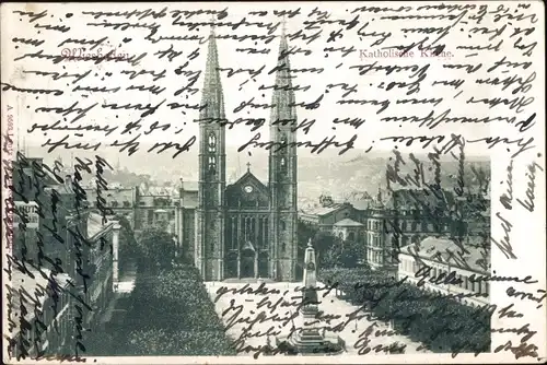 Ak Wiesbaden in Hessen, Katholische Kirche, Frontalansicht, Obelisk, Häuserfassaden