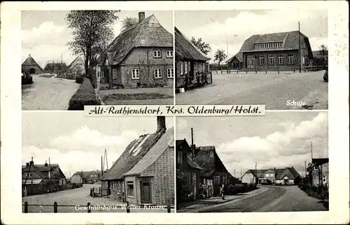 Ak Alt Rathjensdorf in Schleswig Holstein, Walter Krause Geschäftshaus, Straßenpartie, Schule