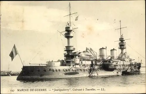 Ak Französisches Kriegsschiff, Jauréguiberry, Cuirassé à Tourelles, Marine Militaire Francaise