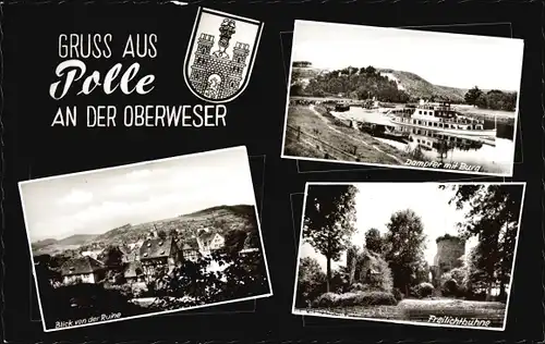 Ak Polle an der Weser Niedersachsen, Wappen, Dampfer mit Burg, Blick von der Ruine, Freilichtbühne