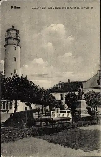 Ak Baltijsk Pillau Kaliningrad Ostpreußen, Leuchtturm mit Denkmal des Großen Kurfürsten