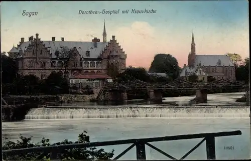 Ak Żagań Sagan Schlesien, Dorotheen Hospital mit Kreuzkirche