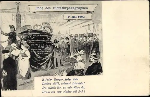 Künstler Ak Ende des Diktaturparagraphen, 09. Mai 1902, Elsaß Lothringen