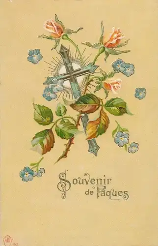 Präge Litho Glückwunsch Ostern, Souvenir de Paques, Kreuz, Rosen, Vergissmeinnicht