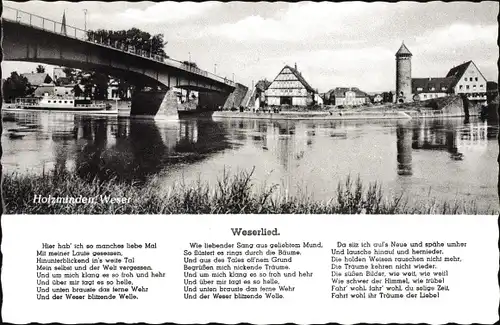 Lied Ak Holzminden in Niedersachsen, Uferpartie mit Blick auf Brücke und Ort, Weserlied