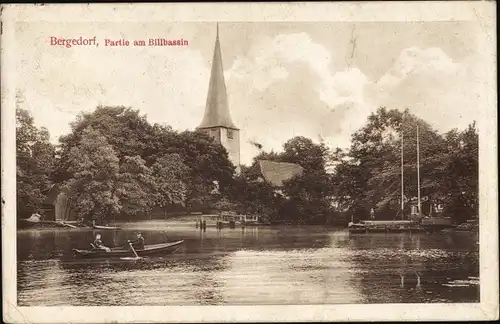 Ak Hamburg Bergedorf, Partie am Billbassin, Kirche, Ruderboot, Steg