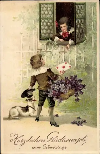 Präge Ak Glückwunsch Geburtstag, Kinder am Fenster, Blumenkorb, Hund