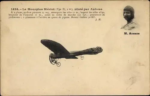 Ak Le Monoplan Blériot, piloté par Aubrun, Flugpionier