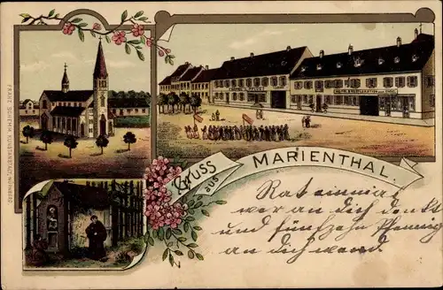 Litho Marienthal Haguenau Hagenau Elsass Bas Rhin, Kirche, Hotel Restauration zum Engel