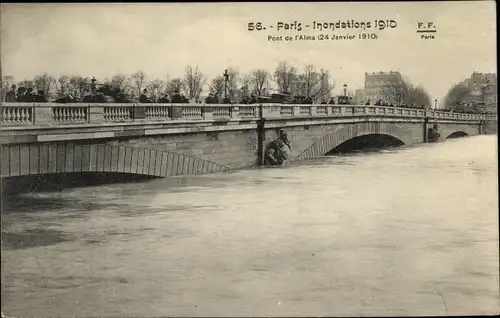 Ak Paris, Inondations 1910, Pont de l'Alma, 24 Janvier 1910