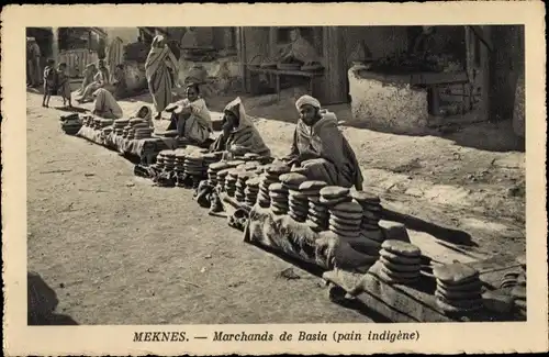 Ak Meknès Marokko, Marchands de Basia, pain indigène, Brotverkäufer