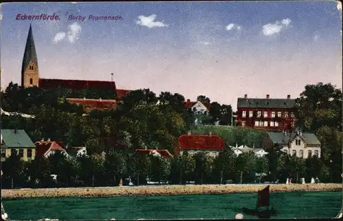 Ak Eckernförde in Schleswig Holstein, Borby Promenade, Panorama, Kirche