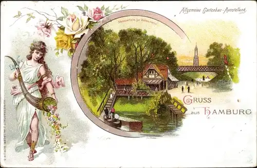 Litho Hamburg, Gartenbau Ausstellung 1897, Stehbierhalle zur Waldschänke, Allegorie auf den Frühling