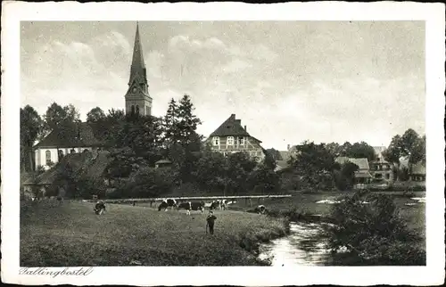 Ak Bad Fallingbostel Lüneburger Heide, Teilansicht mit Kirche, Hirte mit Kühen