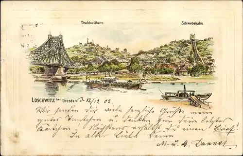 Präge Passepartout Litho Dresden Loschwitz, Drahtseilbahn, Schwebebahn