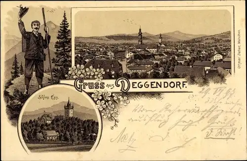 Litho Deggendorf im Bayerischen Wald Niederbayern, Totalansicht, Schloss Egg