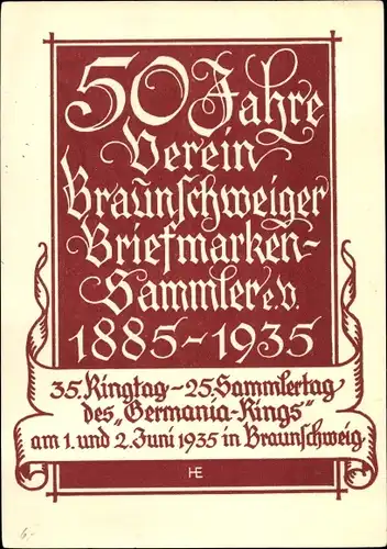 Künstler Ak Braunschweig in Niedersachsen, 50 Jahre Verein Braunschweiger Briefmarkensammler eV 1935