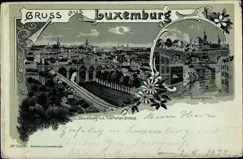 Mondschein Litho Luxemburg, Blick von der Trier'schen Straße, Gerbergasse