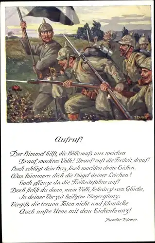 Künstler Ak Durst, J., Aufruf, Gedicht von Theodor Körner, Schlachtszene, I. WK