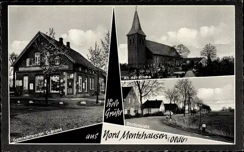 Ak Mentzhausen Jade Wesermarsch, G. Bruns Gemischtwaren, Dorfansicht, An der Kirche