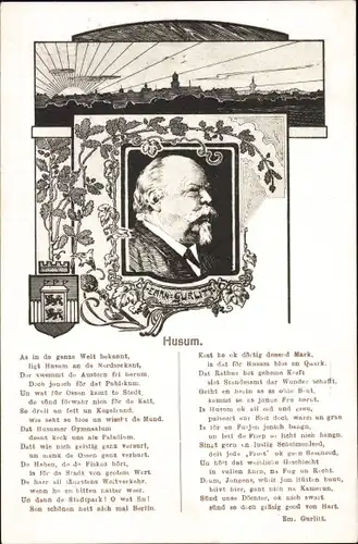 Ak Husum in Nordfriesland, Bürgermeister Emanuel Gurlitt, Portrait, Gedicht, Wappen