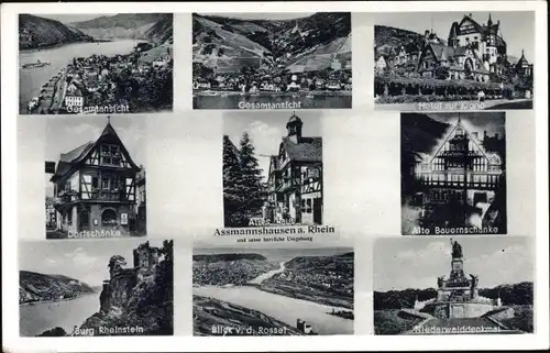 Ak Rüdesheim Assmannshausen Rhein, Gesamtansicht, Hotel zur Krone, Dorfschänke, Niederwald Denkmal