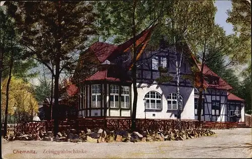 Ak Chemnitz Sachsen, Zeisigwaldschänke, Gesamtansicht, Terrasse