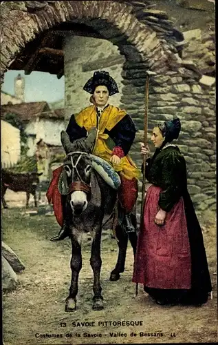 Ak Savoie pittoresque, Costumes de la Savoie, Vallée de Bessans, Esel