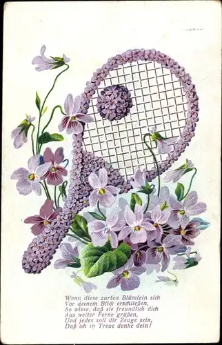 Präge Ak Tennisschläger aus Blumen, Kitsch, Violett