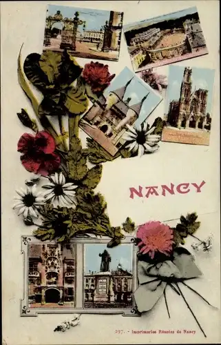 Ak Nancy Lothringen Meurthe et Moselle, Kirche, Denkmal, Tor, Arena, Blumen