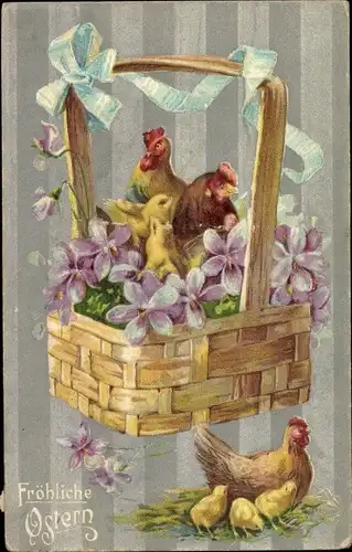 Präge Litho Glückwunsch Ostern, Korb, Hennen und Küken, Veilchen, Schleife