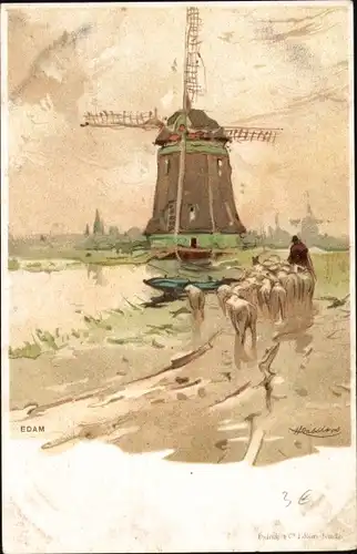 Künstler Litho Edam Volendam Nordholland Niederlande, Windmühle, Hirte mit Schafen