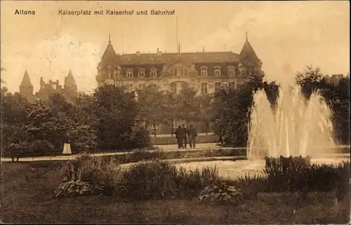 Ak Hamburg Altona, Kaiserplatz mit Kaiserhof und Bahnhof, Brunnen