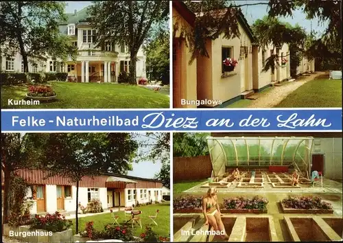 Ak Diez in Rheinland Pfalz, Felke Nautrheilbad, Kurheim, Bungalows, Burgenhaus, Im Lehmbad