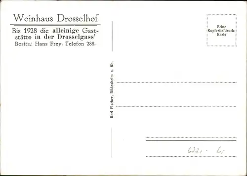 Ak Rüdesheim am Rhein, Weinhaus Drosselhof, Bes. Hans Frey, Speisesaal, Gedicht v. Otto Hausmann