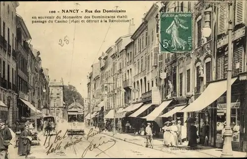 Ak Nancy Lothringen Meurthe et Moselle, Rue des Dominicains, Straßenbahn