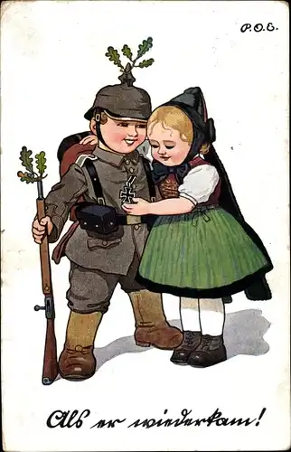 Künstler Ak Engelhard, P.O.E., Als er wiederkam, Deutscher Soldat mit Mädchen, I. WK