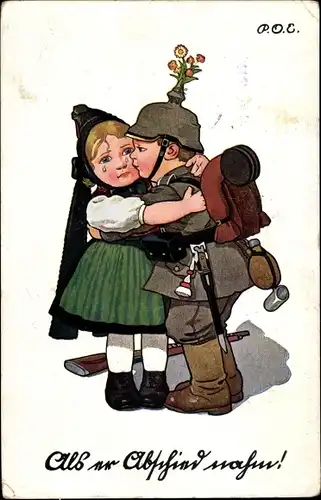 Künstler Ak Engelhard, P.O.E., Als er Abschied nahm, Deutscher Soldat mit Mädchen, I. WK