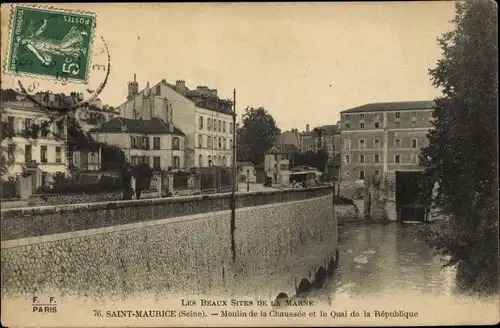 Ak Saint Maurice Val de Marne, Moulin de la Chaussee et le Quai de la Republique, Mühle