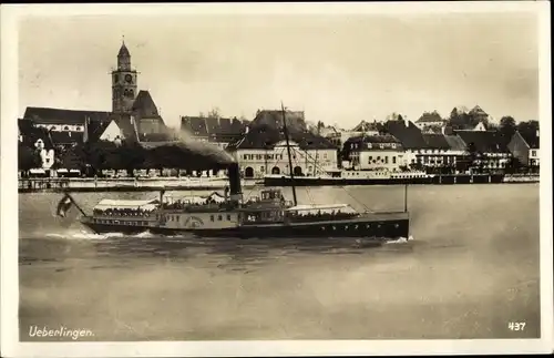 Ak Überlingen am Bodensee Baden Württemberg, Dampfer Stadt Konstanz, Hafen, Kirche