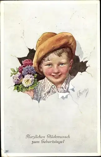 Künstler Ak Feiertag, Karl, Glückwunsch Geburtstag, Junge mit Blumen, Hut