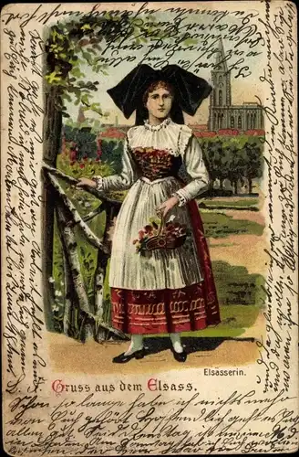 Künstler Litho Elsass, Elsässerin in Tracht, Blumenkorb, Kirche