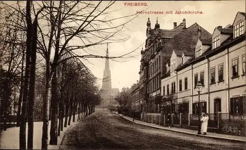 Ak Freiberg im Kreis Mittelsachsen, Hornstraße mit Jakobikirche, Häuser