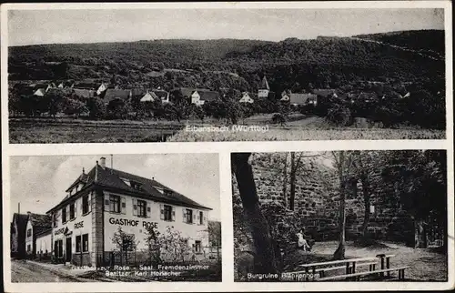 Ak Eibensbach Güglingen, Gasthof Rose, Bes. Karl Horlacher, Panorama vom Ort, Blankenhorn Burgruine