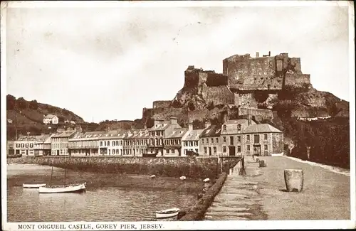 Ak Jersey Kanalinseln Großbritannien, Mont Orgueil Castle, Gorey Pier