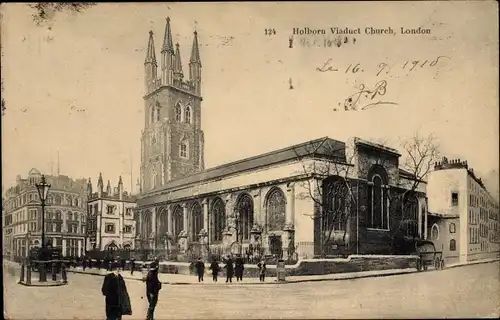 Ak London City, Holborn Viaduct Church, total view, pedestrians