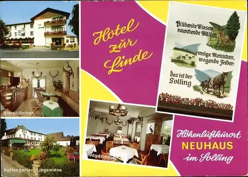 Ak Holzminden in Niedersachsen, Hotel zur Linde, Gesamtansicht, Jagdzimmer, Bierstübchen, Liegewiese