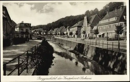 Ak Berggießhübel in Sachsen, Die Hauptstraße, Kanalpartie, Wohnhäuser