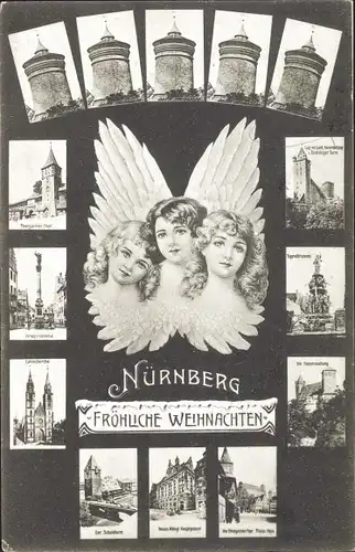 Passepartout Ak Nürnberg in Mittelfranken Bayern, Türme, Lorenzkirche, Engel, Kriegerdenkmal