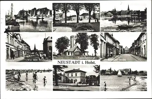 Ak Neustadt in Ostholstein, Hafen, Bahnhof, Markt, Jugendherberge, Strassenansicht